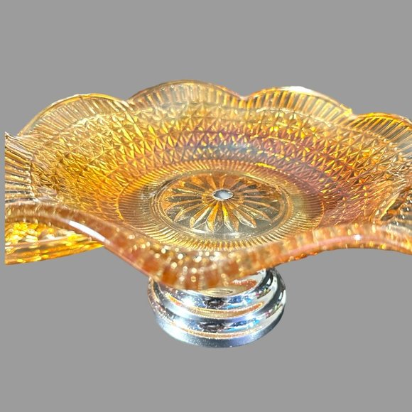 VINTAGE MARIGOLD CARNIVAL GLASS 8.25" BOWL ON METAL STAND - Picture 3 of 12